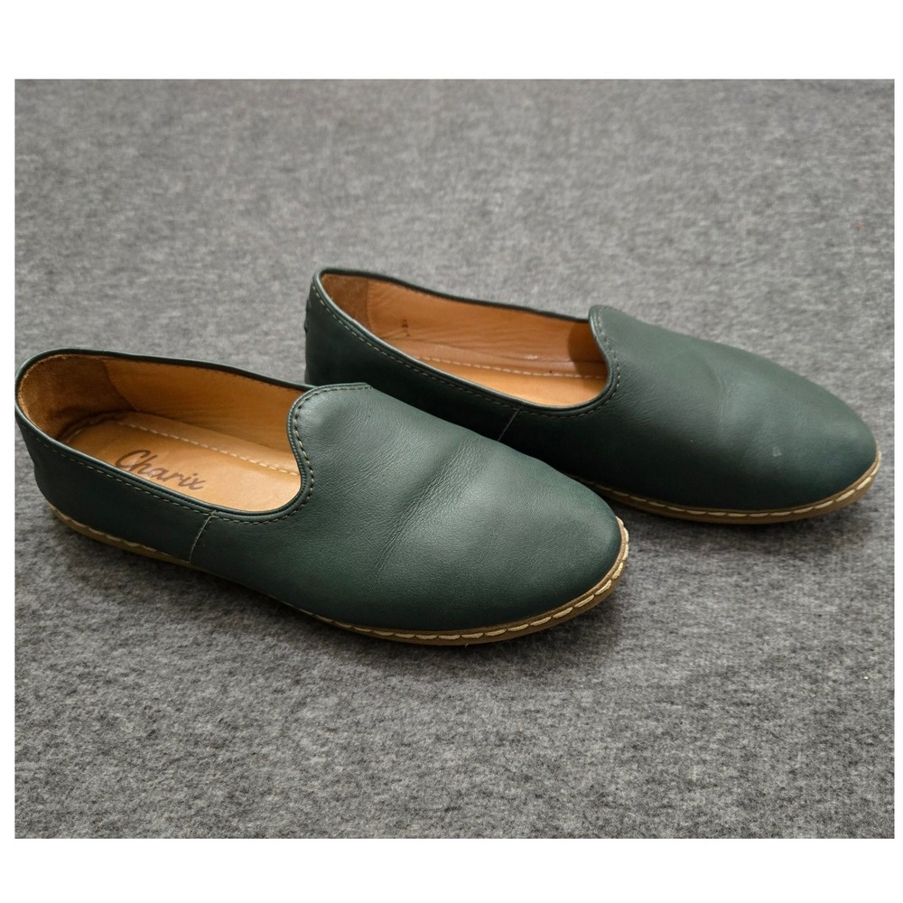 Charix Leather Loafers Women 42 Green Turkish Handmade Flats Old Money Coastal